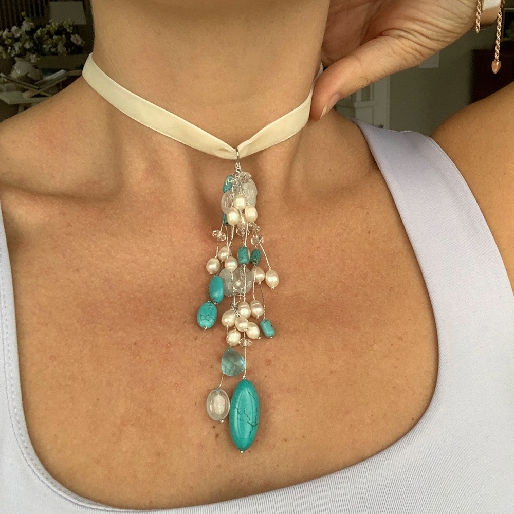 Turquoise & Pearl tie necklace